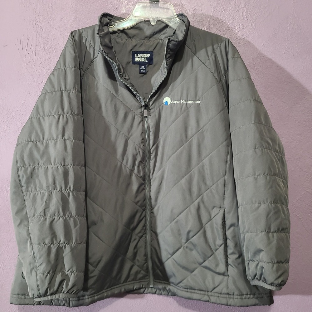 Lands End Quilted Full Zip Puffer Jacket Aspen Management Logo Gray Women‎ 2X